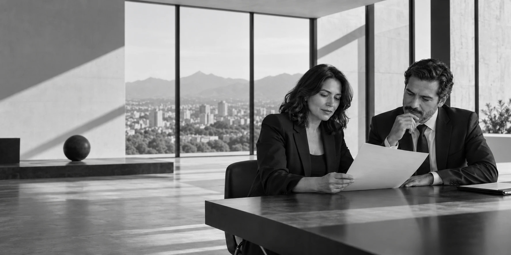 An editorial illustration of legal professionals at work, with a restrained architectural motif suggesting connected AI assistance.